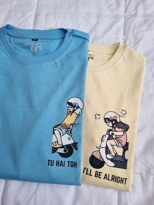 Regular  Matching Tshirt Set - Sky Blue and Butter - Tu hai Toh I'll Be Alright - Scooter Love