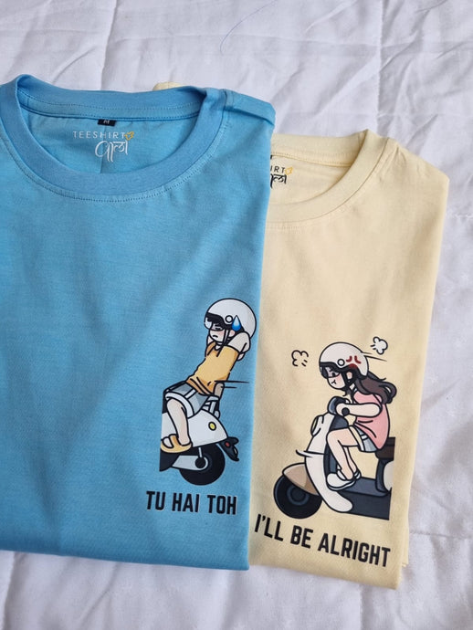 Oversized Matching Tshirt Set - Sky Blue and Butter - Tu hai Toh I'll Be Alright - Scooter Love