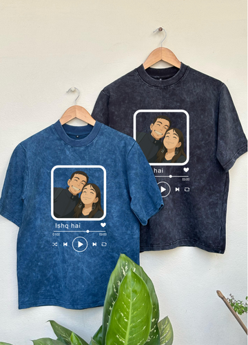 Custom Anime Illustration with Personalised Song Name Oversized Fit Couple Tshirt