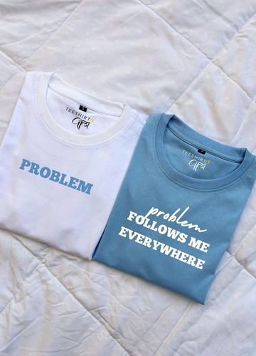 Problem Follow Me Everywhere Oversized T-shirts (White/Sky Blue)