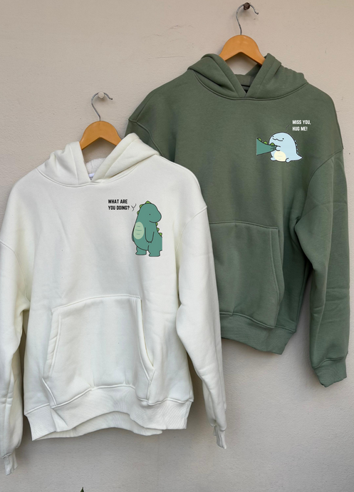 Cute Dino Oversized Hoodies (Off White/Sage Green)