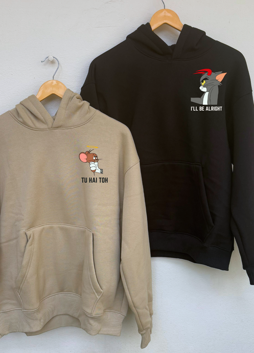 Tom and Jerry -  Tu Hai Toh Oversized Hoodies (Beige/Black)