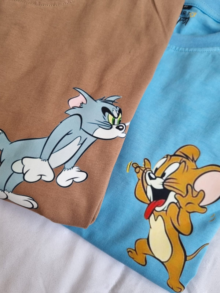 Oversized Matching Tshirt Set - Coffee and Sky Blue - Tom and Jerry