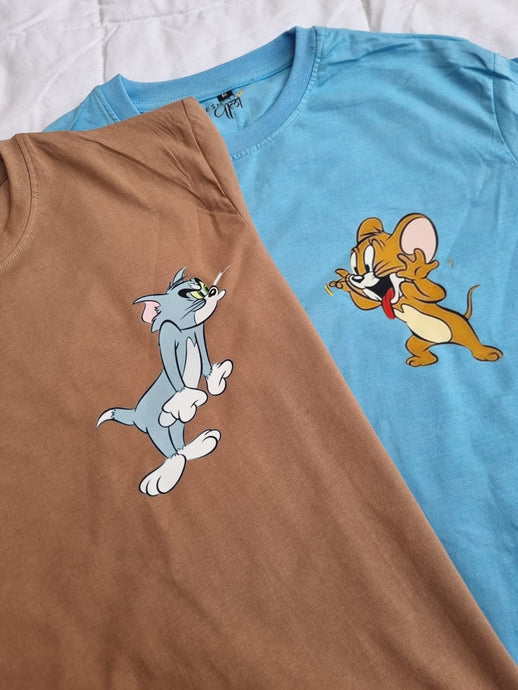 Oversized Matching Tshirt Set - Coffee and Sky Blue - Tom and Jerry