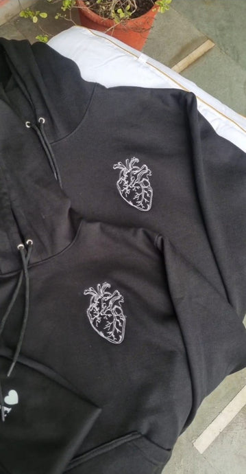 Embroidered Heart Couple Hoodie - Black & Black