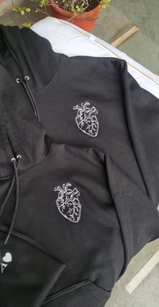 Embroidered Heart Couple Hoodie - Black & Black