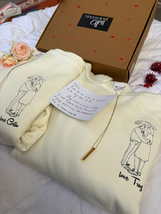 Valentine Box 2 : Embroidered Line Art Oversized Couple Hoodies with Bar Necklace