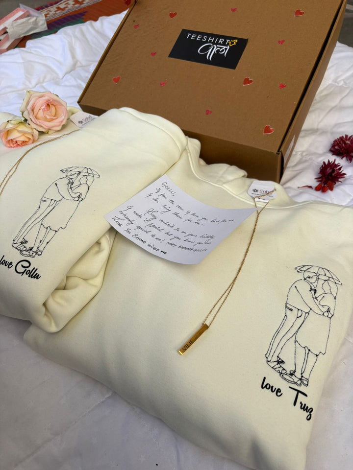 Valentine Box 2 : Embroidered Line Art Oversized Couple Hoodies with Bar Necklace