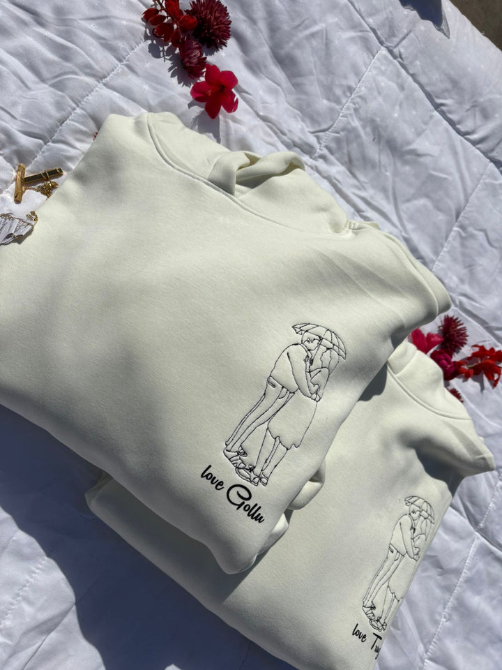 Valentine Box 2 : Embroidered Line Art Oversized Couple Hoodies with Bar Necklace